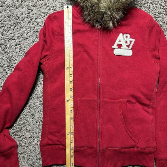 Aeropostale Womens Red Faux Fur Hood Zip Up Hoodie A87 Plaid Lined Medium - Picture 3 of 8